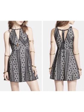 Free People Black Lace Keyhole Neck Boho Sleeveless Fit Flare Dress Sz 4 Party